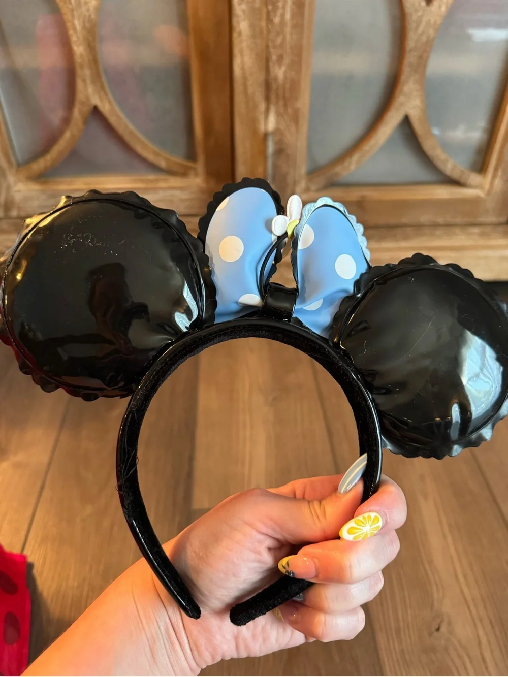 *Black Loungefly Balloon Minnie Ear Headband with Blue Polka Dot Bow - Picture 2 of 3